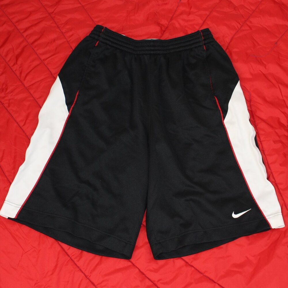 Nike Men’s Basketball Shorts - Long Profile, Mesh, Black, White and Red Ribbing